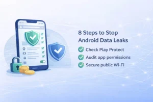 8 steps to stop Android data leaks illustration showing a smartphone with security shields, checklist, lock icon, and gold coins, highlighting Check Play Protect, audit app permissions, and secure public Wi-Fi.