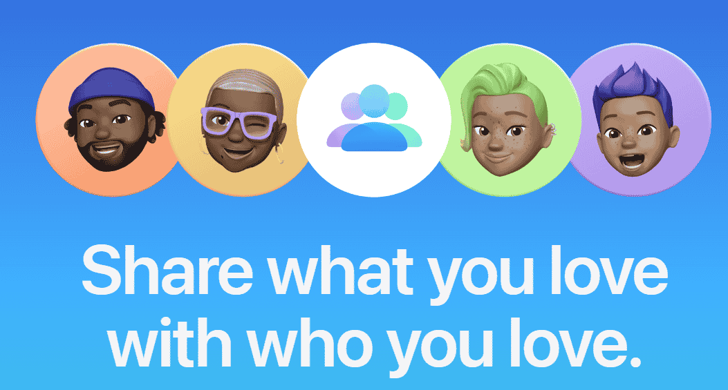 Colorful digital avatars in circles on a blue gradient background, centered around an icon of two people. Text below reads, "Share what you love with who you love."
