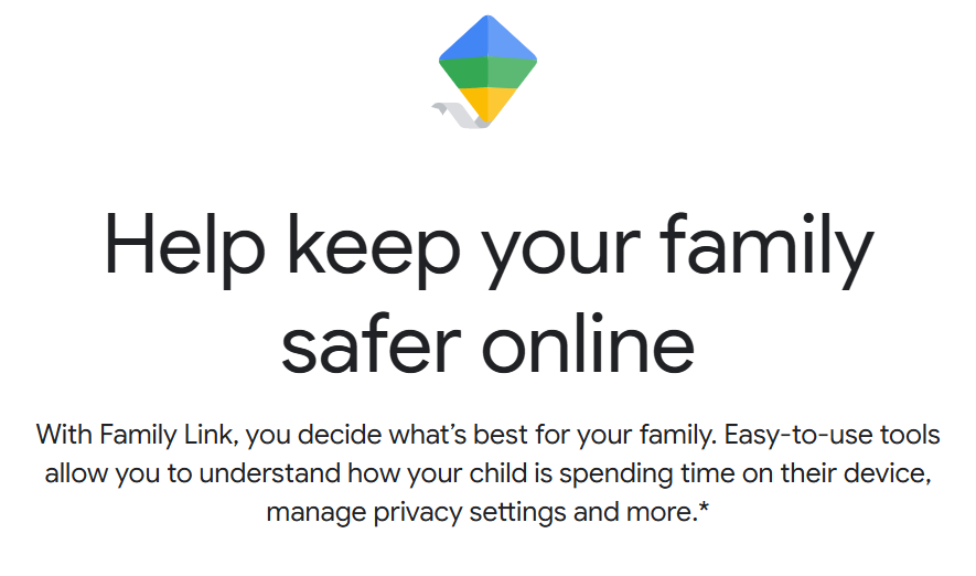 Google Family Link logo above text: 'Help keep your family safer online.' Promotes parental controls and privacy settings for child device use."