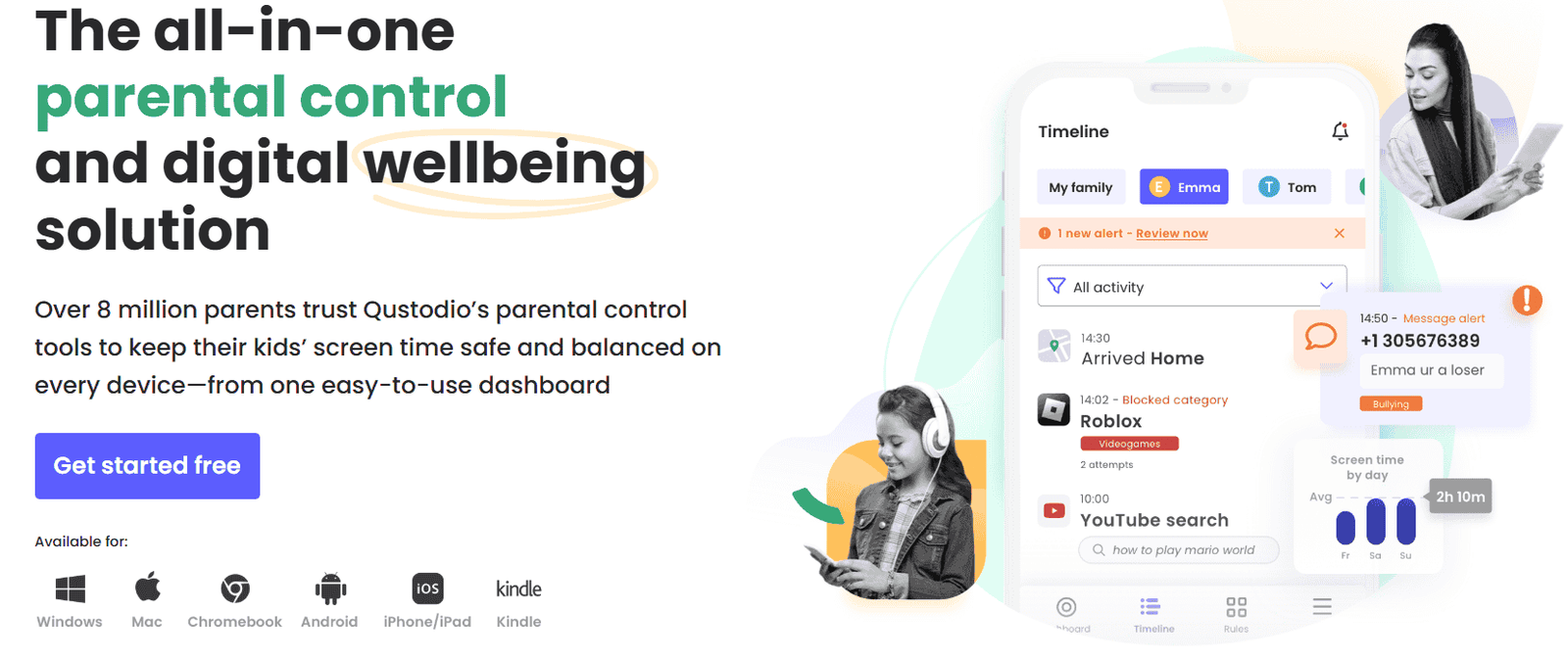 Advertisement for Qustodio's parental control app showing a smartphone interface with activity timeline. Includes text highlighting features for screen time management. Images of two people using devices, with icons for different operating systems below. Bright, modern design.