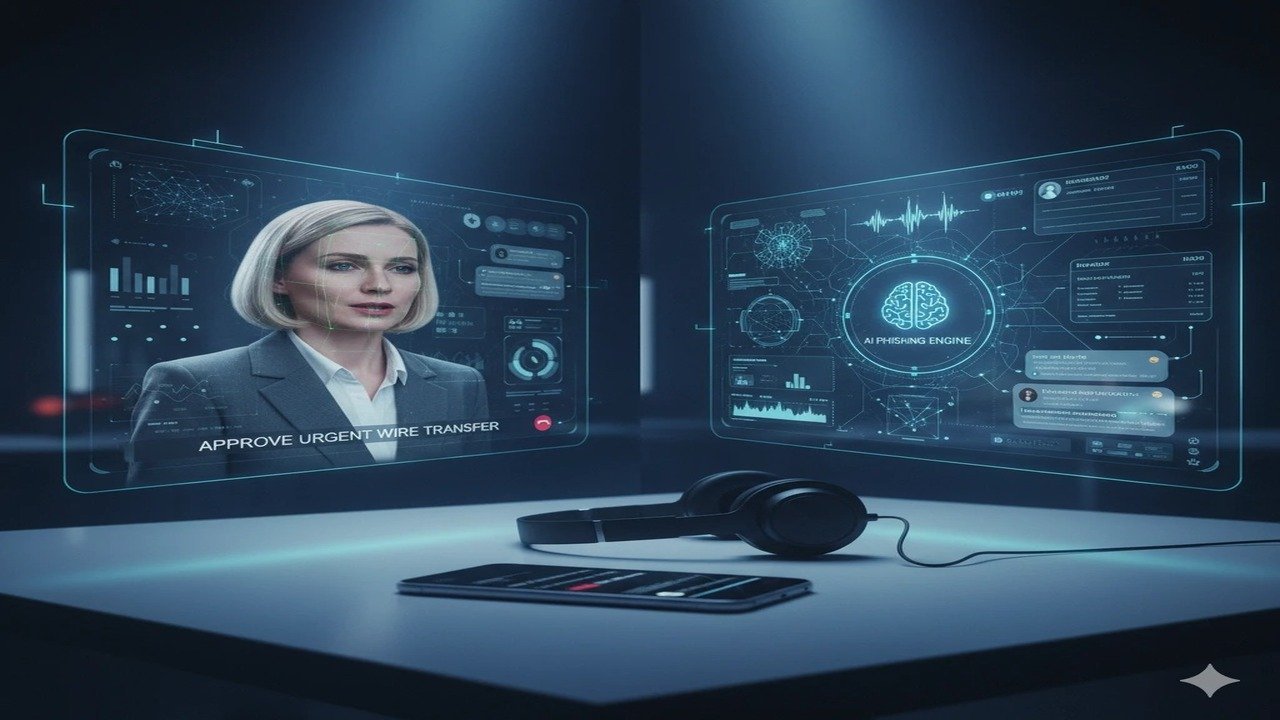 Advanced Impersonation (Deepfake) Holographic screens in a dark room show a woman, digital charts, and "AI Phishing Engine." A smartphone and headphones lie on a table, creating a futuristic, tech-focused atmosphere.