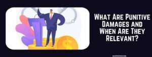 Illustration of a confident speaker at a podium with large coins and handcuffs in the background. Text reads: "What Are Punitive Damages and When Are They Relevant?"