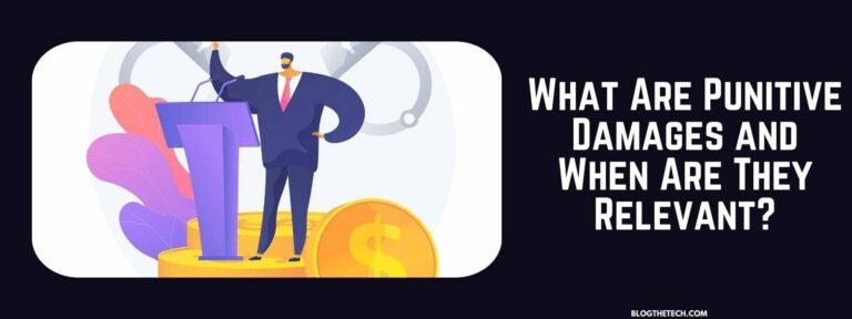 Illustration of a confident speaker at a podium with large coins and handcuffs in the background. Text reads: "What Are Punitive Damages and When Are They Relevant?"
