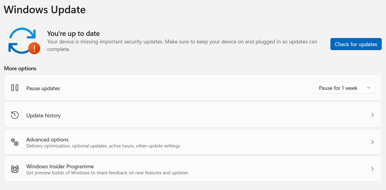 Windows Update dashboard showing a notification about missing important security updates with options for pause, update history, advanced settings, and Insider Program.
