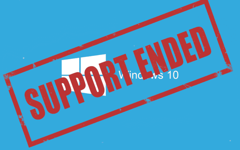 Blue background with the Windows 10 logo in white. Large red stamp reading "SUPPORT ENDED" is diagonally overlaid, conveying termination of support.