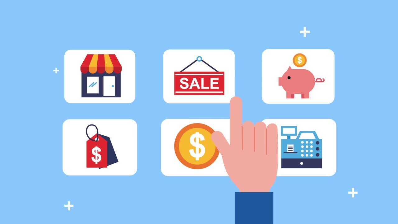 managing finance Illustration showing a hand pointing at icons: a store, sale sign, piggy bank, price tag, dollar coin, and cash register on a blue background.