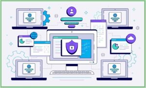 Illustration of secure network with laptops, gears, and security icons. Central shield with a lock symbolizes cybersecurity. Tone is technical and secure.