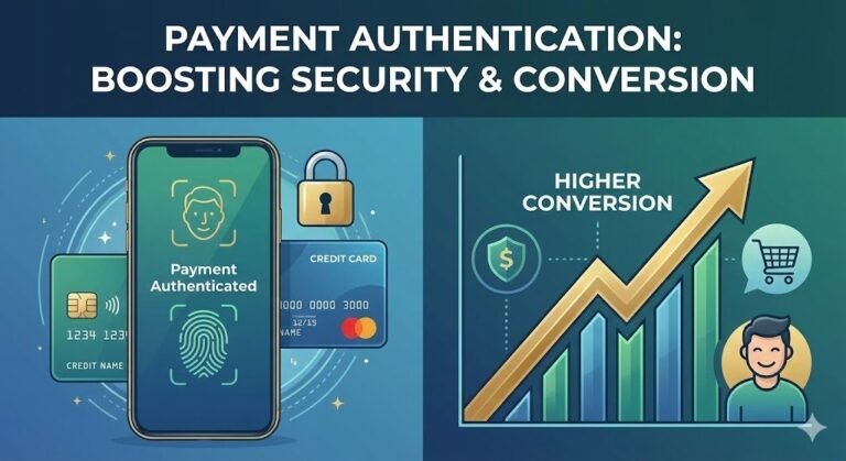 Split image showing payment authentication and conversion. Left: Smartphone with "Payment Authenticated" next to credit cards and padlock. Right: Upward graph labeled "Higher Conversion" with a happy person and shopping cart icon. Theme: Security, growth.