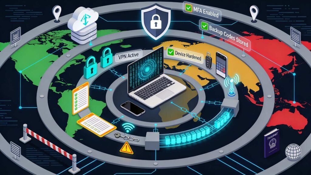 Illustration of cybersecurity with a laptop at the center, surrounded by icons of locks, shields, and devices on a world map. Keywords like "VPN Active" and "MFA Enabled" are displayed.