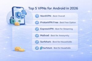 Top 5 VPNs for Android in 2026 illustration listing NordVPN (Best Overall), ProtonVPN Free, ExpressVPN, Mullvad, and Surfshark, with a secured Android phone, shield icons, lock, and gold coins.